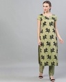 Shop Green & Black Flock Printed Straight Kurta With Pant Set-Front