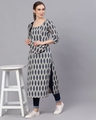 Shop Grey & Blue Ikat Printed Straight Kurta With Pouch