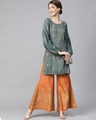 Shop Grey & Orange Gold Print Kurta Sharara Set-Full