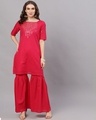 Shop Magenta Mirror Work Straight Kurta With Solid Sharara-Front