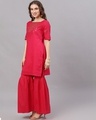 Shop Magenta Mirror Work Straight Kurta With Solid Sharara-Design