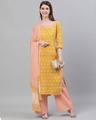 Shop Yellow & Peach Ikat Printed Straight Kurta With Palazzo & Dupatta Set-Front