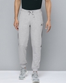 Shop Men's Grey Melange Typography Printed Mid Rise Slim Fit Track Pants-Front