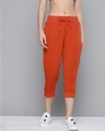 Shop Women Rust Red Solid Knitted Cropped Joggers-Front
