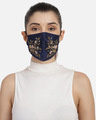 Shop 3 Ply Navy Blue & Gold Faux Silk Embellished Fabric Fashion Mask-Front