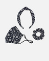 Shop 3 Ply Navy Blue & White Floral Printed Cotton Fabric Hairband, Mask & Scrunchie Combo-Full