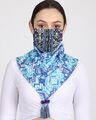 Shop 3 Ply Reusable Blue & Multi Abstract Printed Cotton Tasseled Scarf Style Fashion Mask-Front