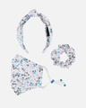 Shop 3 Ply White & Blue Floral Printed Cotton Fabric Fashion Hairband, Mask & Scrunchie Combo-Full