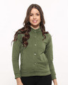 Shop Army Green Buttoned Bomber Jacket-Front