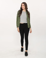 Shop Army Green Buttoned Bomber Jacket-Full