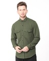 Shop Army Green Fleece Cargo Shirt-Front