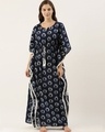 Shop Women Navy Blue & Offwhite Printed Kaftan Night Dress-Front