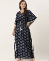 Shop Women Navy Blue & Offwhite Printed Kaftan Night Dress