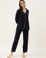 Shop Women Rayon Navy Blue Solid Night Suit-Front