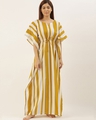 Shop Women Yellow Striped Print Kaftan Night Dress-Front