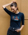 Shop Be You Stripes Round Neck 3/4 Sleeve T-Shirt Navy Blue-Front