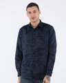 Shop Blue Camouflage Cotton Linen Slim Fit Shirt-Front