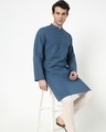 Shop Men's Blue Mandarin Collar Straight Relaxed Fit Long Kurta-Front