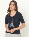 Shop Women's Blue Bonjour Paris Graphic Printed T-shirt-Front