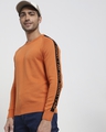 Shop Men's Burnt Orange Shoulder Panel Flat Knit Printed Sweater-Front