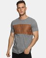 Shop Color Block Men's Round Neck Grey Brown T-Shirt-Front