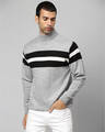 Shop Men's Grey & Black Stylish Striped Casual Sweater-Front