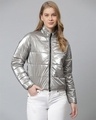 Shop Women's Grey Solid Stylish Casual Bomber Jacket-Front
