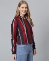 Shop Women's Blue & Maroon Zipper Striped Stylish Casual Hooded Sweatshirt-Design