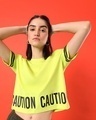 Shop Women's Green Caution Typography Relaxed Short Top-Front