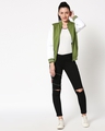 Shop Women's Green & White Color Block Varsity Bomber Jacket