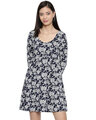 Shop Stitches Printed Navy Blue Skater Dress For Women's-Front