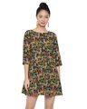 Shop Women's Green Vivid Village Printed Fit And Flare Black Dress-Front