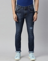 Shop Men's Blue Cotton Slim Fit Highly Distressed Jeans-Front