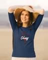 Shop Classy Red Flowers Round Neck 3/4th Sleeve T-Shirt Navy Blue-Front