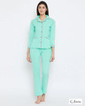 Shop Button Down Shirt & Pyjama Set In Light Green  100% Cotton-Front