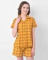 Shop Button Me Up Checked Shirt & Shorts Set In Mustard  100% Cotton-Front