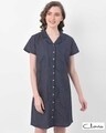 Shop Button Me Up Sassy Stripes Short Night Dress In Navy-Front