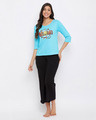 Shop Emoji Print Top & Solid Flared Pants In Light Blue & Black-Front