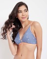 Shop Non Padded Non Wired Butterfly Print Demi Cup Plunge Bra In Blue   Cotton-Front