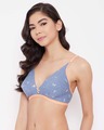 Shop Non Padded Non Wired Butterfly Print Demi Cup Plunge Bra In Blue   Cotton-Design