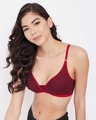 Shop Non Padded Non Wired Demi Cup Checked Plunge Bra In Red   Cotton-Front