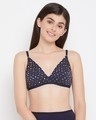 Shop Non Padded Non Wired Demi Cup Circle Print Plunge Bra In Navy   Cotton Rich-Front