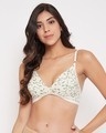 Shop Non Padded Non Wired Demi Cup Floral Print Plunge Bra In Beige   Cotton Rich-Front