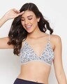 Shop Non Padded Non Wired Demi Cup Tropical Print Plunge Bra In Grey   Cotton Rich-Front