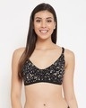 Shop Non Padded Non Wired Floral Print Full Figure Bra In Black   Cotton Rich-Front