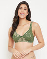 Shop Non Padded Non Wired Full Cup Camouflage Print Bra In Olive Green   Cotton-Front
