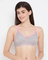 Shop Non Padded Non Wired Full Cup Floral Print Bra In Grey   Cotton-Front