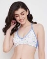 Shop Non Padded Non Wired Full Cup Printed Racerback Bra In White-Front