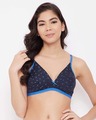 Shop Non Padded Non Wired Paisley Print Demi Cup Plunge Bra In Navy   Cotton-Front