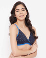 Shop Non Padded Non Wired Paisley Print Demi Cup Plunge Bra In Navy   Cotton-Full